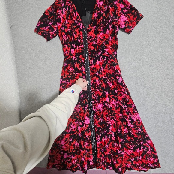 The Kooples Firework Print Midi Dress Black Red Pink V-Neck Size 1 FROB24151K - Picture 11 of 16